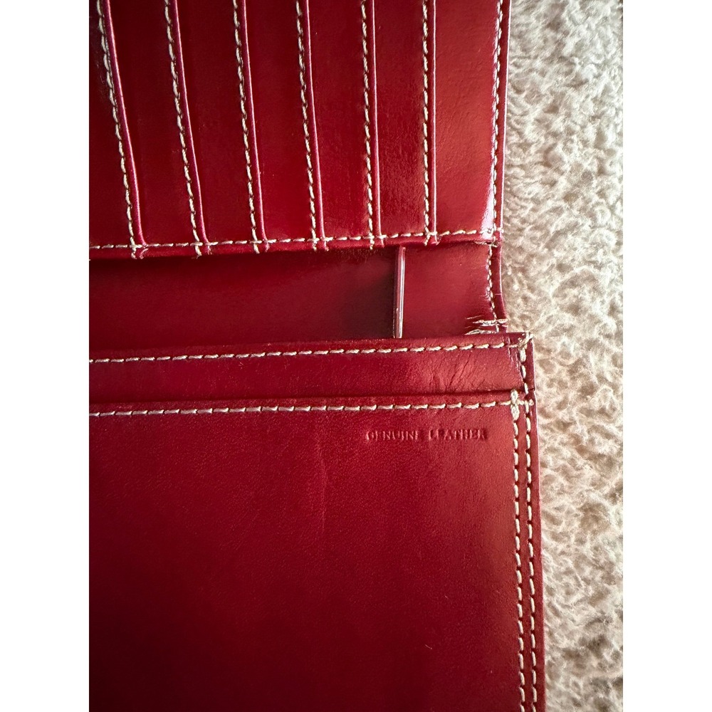 Kenneth Cole New York Red Leather Continental Trifold Wallet White Stitching - Picture 9 of 10